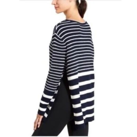 ATHLETA Kennewick Blue White Striped Merino Wool Side Slit Sweater Size L - Picture 2 of 7